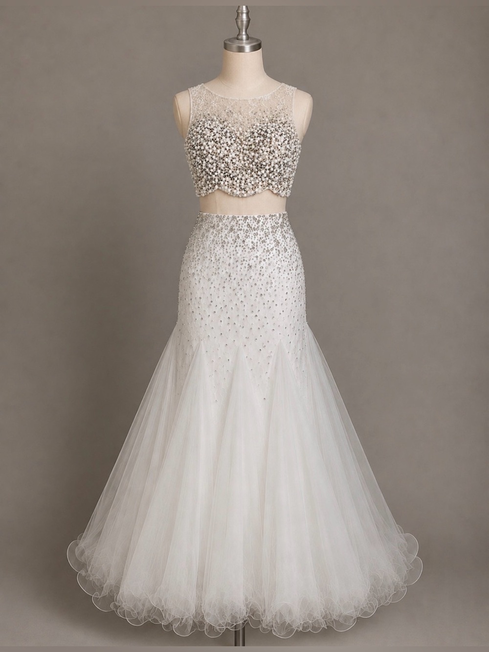 Blush Beaded 2 Piece Prom Dress Wedding Dress Set Ivory Mermaid Size 6